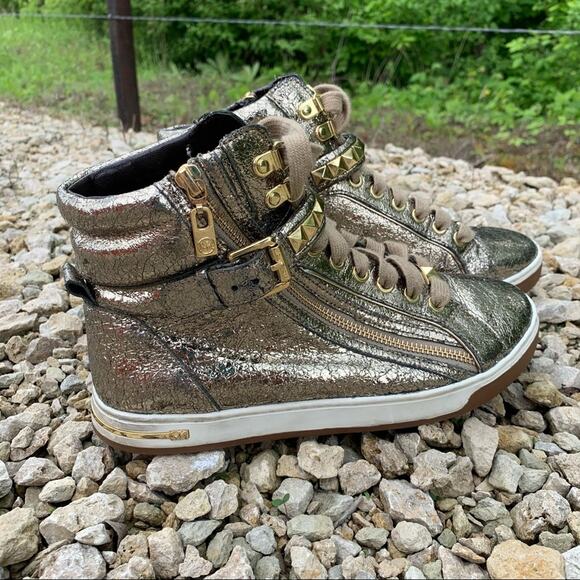 Michael Kors Gold Foil Studded High Rise Sneakers 7M - Picture 3 of 9